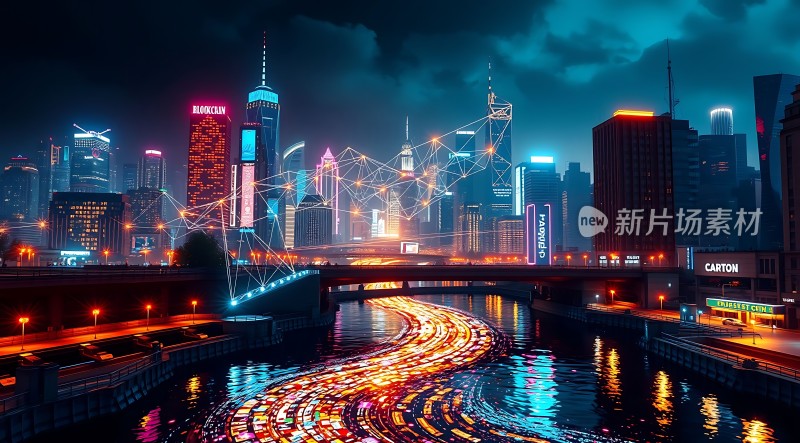 未来城市夜景霓虹灯光与网络线条交织