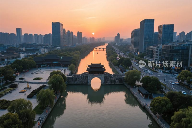 城市河流古建日落景观
