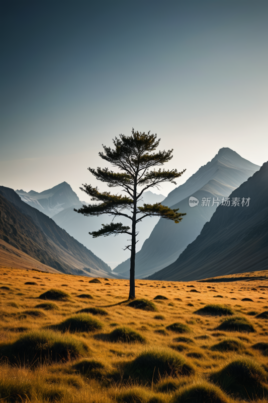 一片草地中央一棵孤树高清风景图片