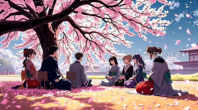 樱花树下身着和服的人们共度春日时光
