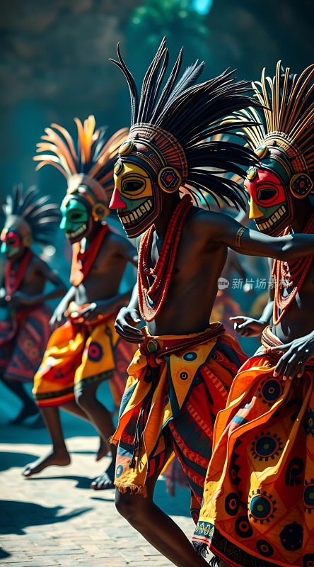 面具舞者色彩斑斓的非洲传统舞蹈