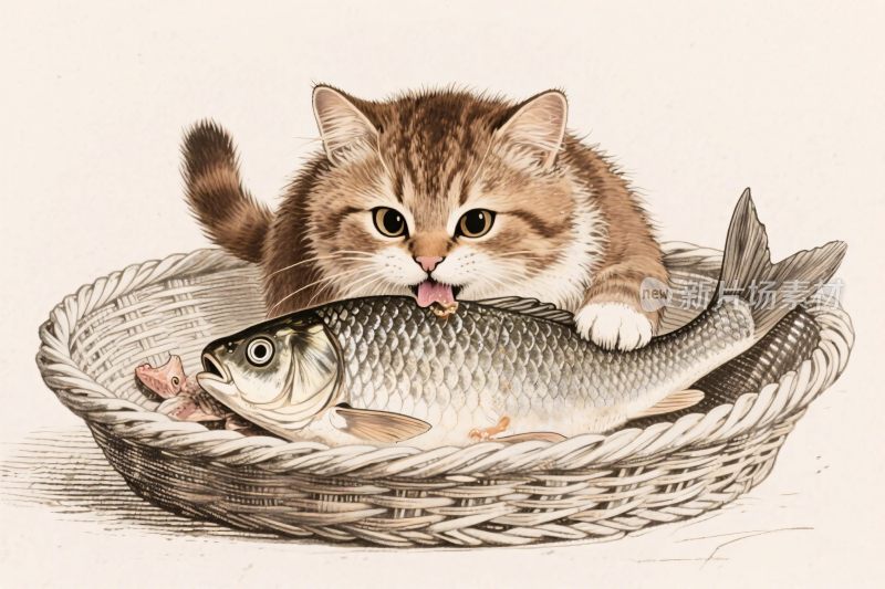 猫吃鱼插画