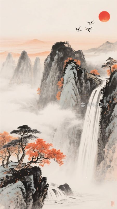 中式山水瀑布红日图