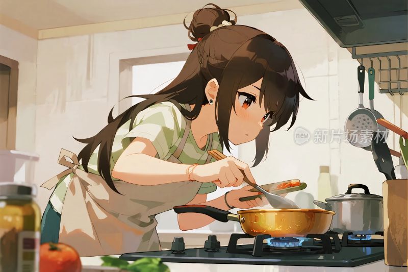 厨房烹饪的动漫女子