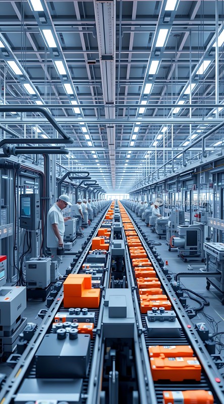现代工厂生产线上的工人们忙碌着