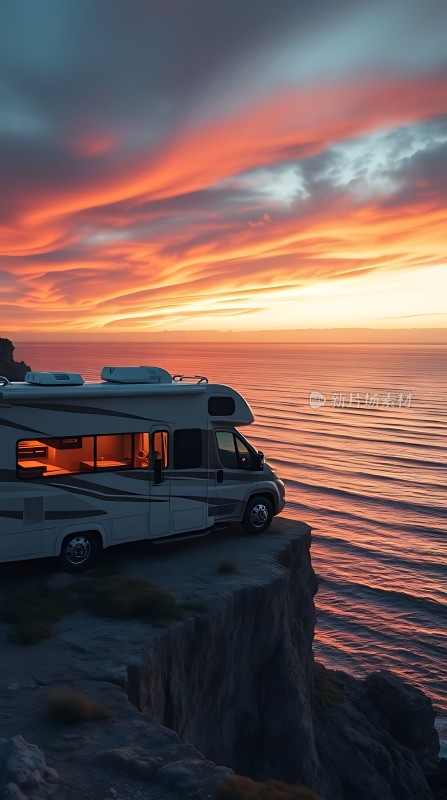海边的露营车夕阳下的宁静与浪漫