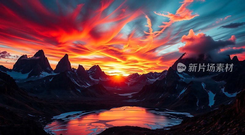 日落下的雪山与湖泊