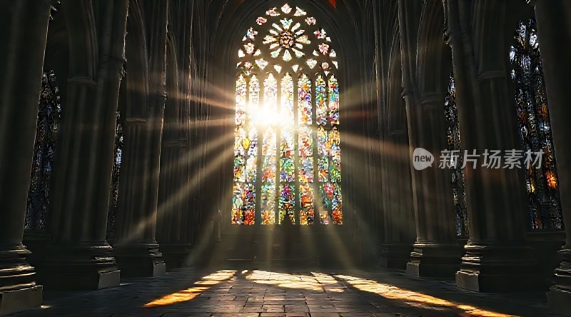 阳光透过彩色玻璃窗洒进教堂内部