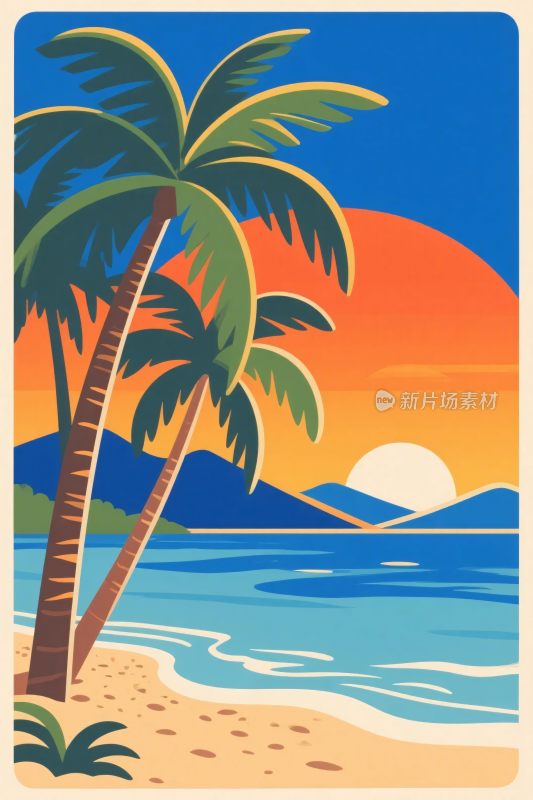 海滩夕阳棕榈树插画
