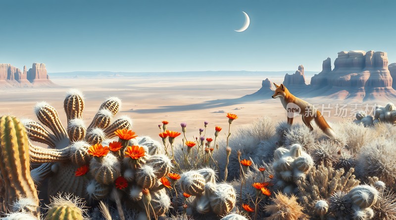 沙漠之月狐狸与仙人掌