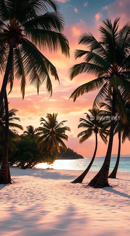 椰林晚霞映碧波