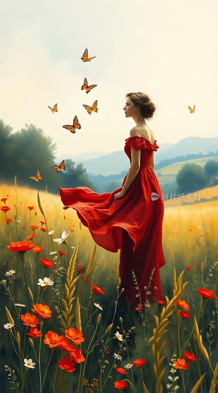 红裙舞蝶花海间