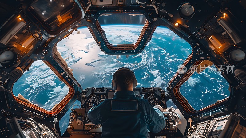 宇航员在太空舱内操作设备俯瞰地球美景