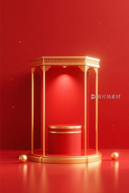 金色展示台红色背景场景