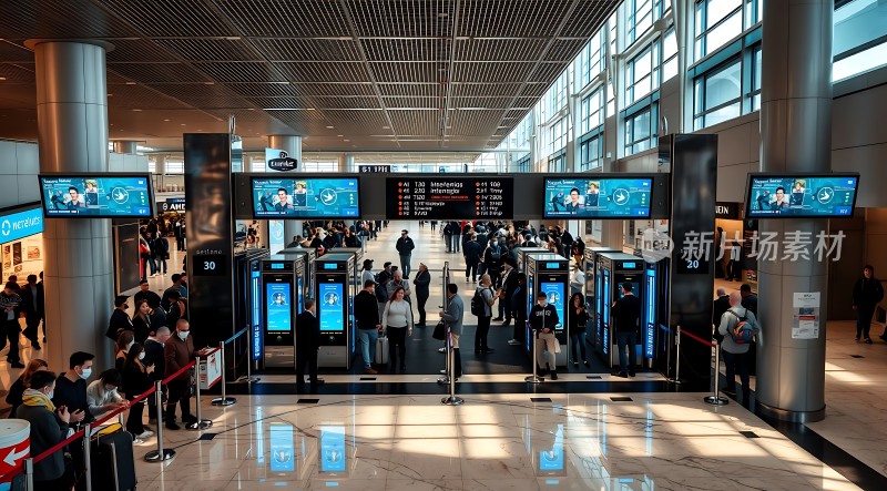 机场安检通道人群熙攘电子屏幕显示航班信息
