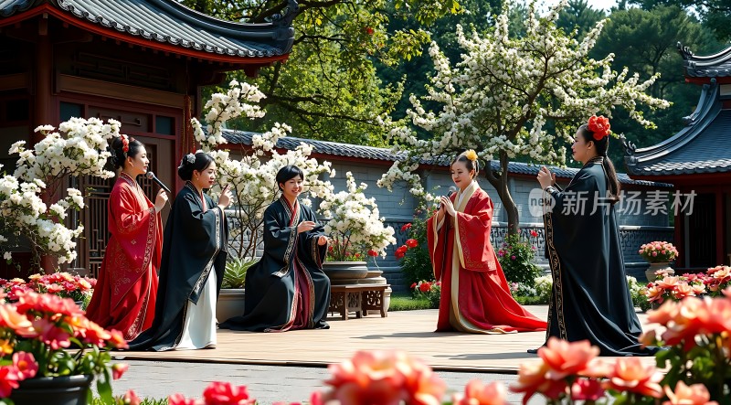 汉服佳人花间对谈