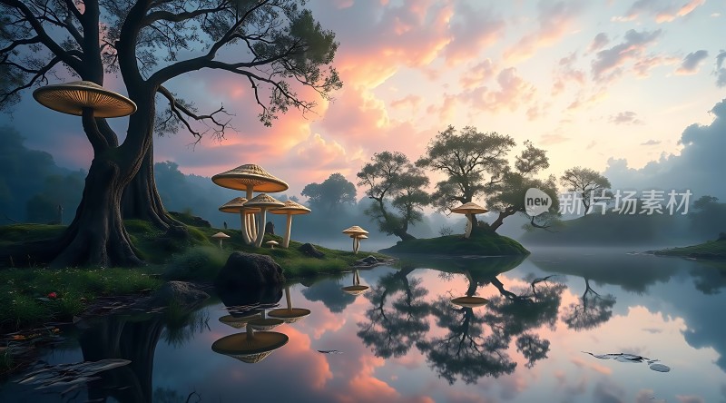 湖畔奇景梦幻森林日落