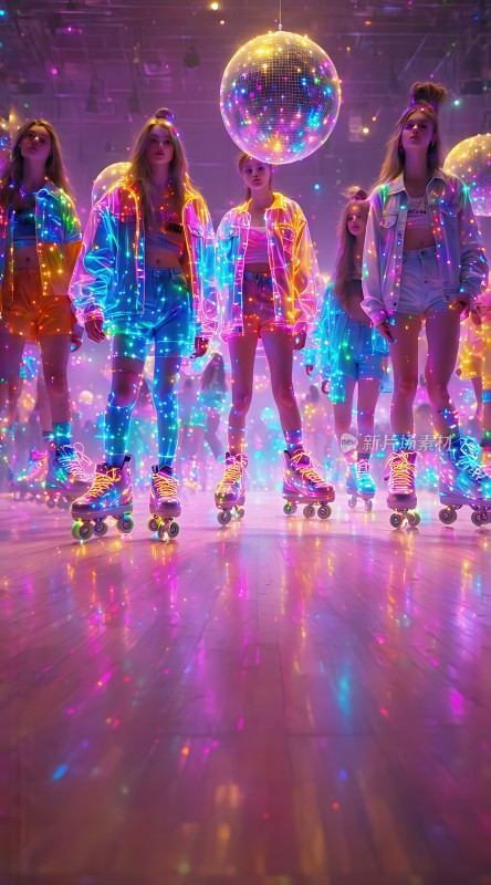 霓虹灯下的活力滑轮女孩