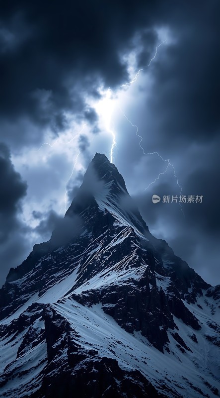 暴风雨中的雪峰闪电奇观