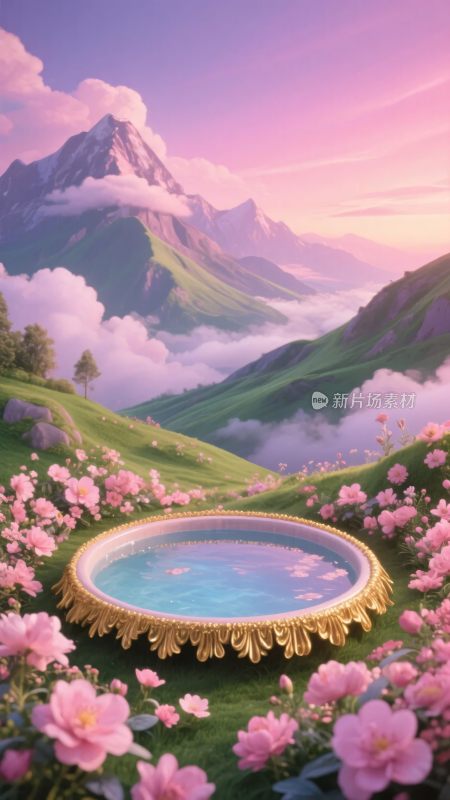 梦幻山间花海中的圆形水池