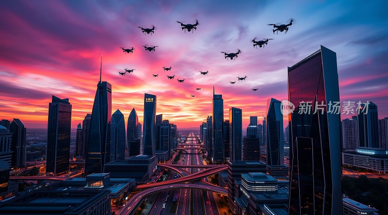 未来之城无人机与摩天大楼共舞
