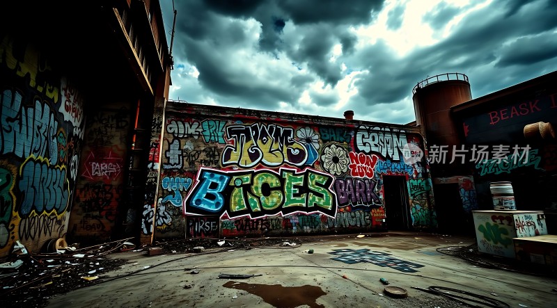 废弃建筑墙上的彩色涂鸦艺术作品