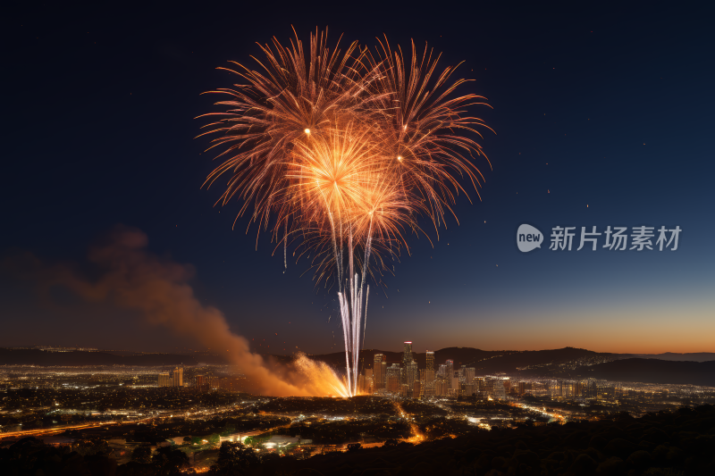 山的城市上空的烟花高清风景图片