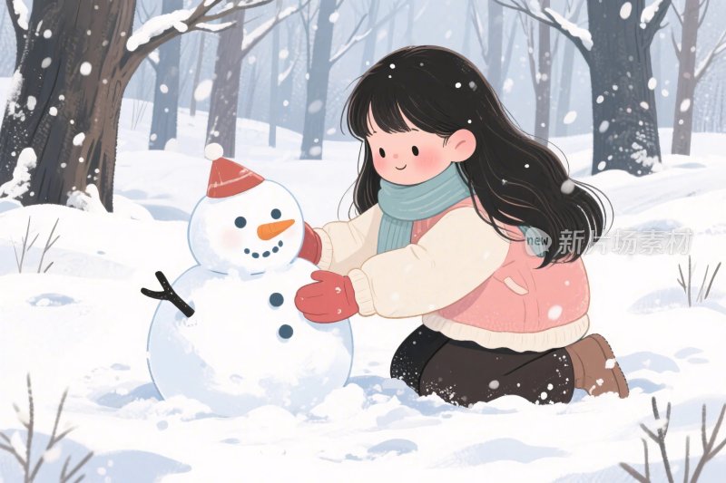 冬日雪地堆雪人场景