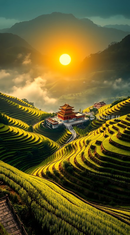 梯田晨曦映红塔