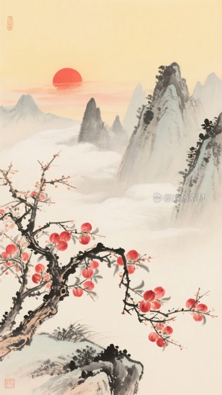 红梅映日山水国画