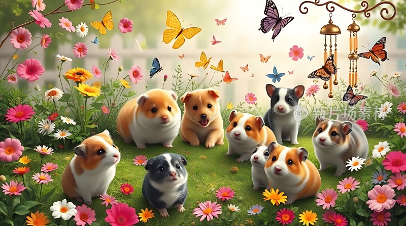 七彩仓鼠花丛中嬉戏