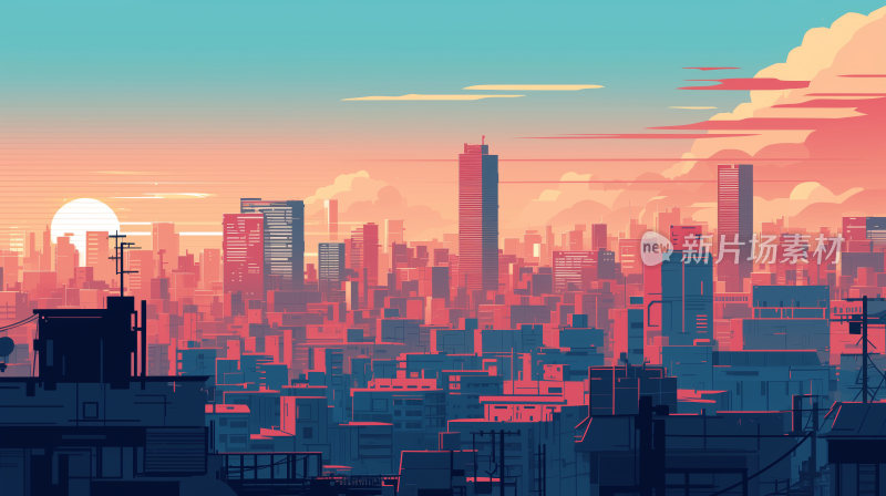 夕阳下的卡通风格的城市插画