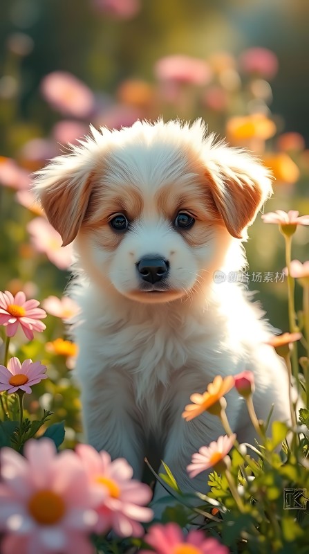 阳光下的花海小狗