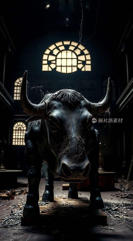 废弃建筑中的牛雕像