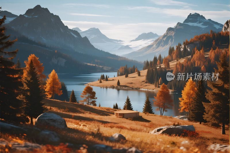 秋日山间湖泊美景