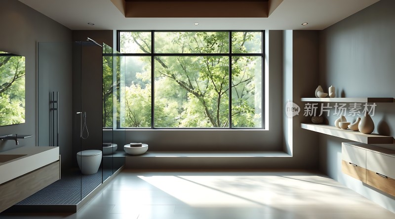 现代浴室设计自然光线充足简约风格玻璃淋浴房木质装饰绿植景观