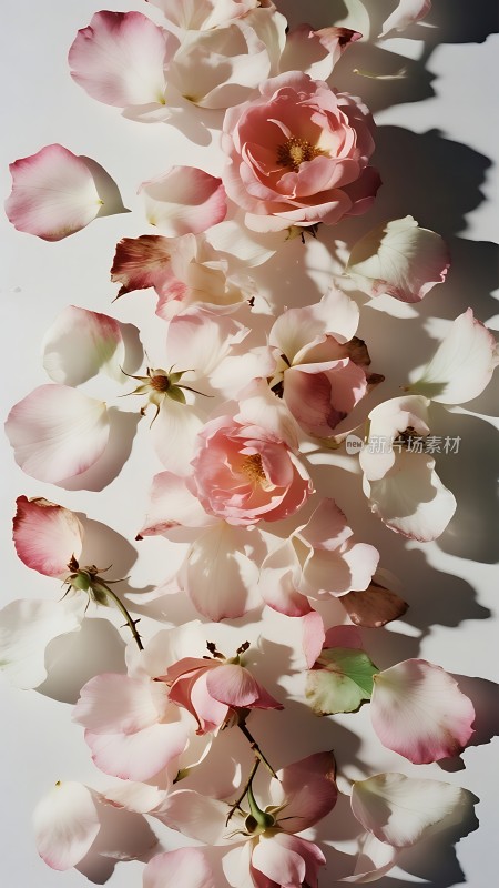 粉色花瓣轻舞白色背景映衬下的浪漫花语