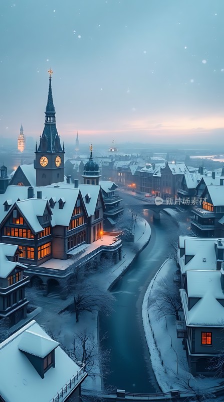 雪夜小镇温馨宁静