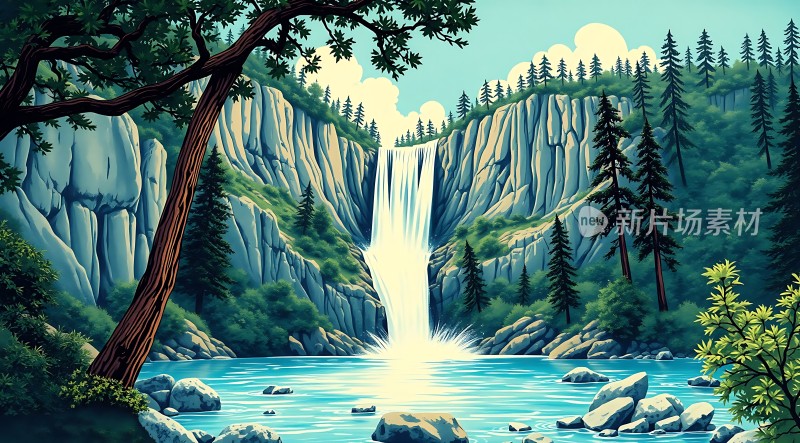 瀑布飞流直下绿树成荫碧波荡漾