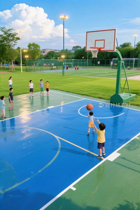 户外儿童篮球运动场景
