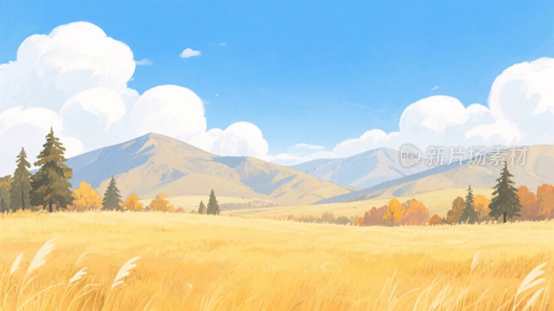 秋日广袤田野与远山风景