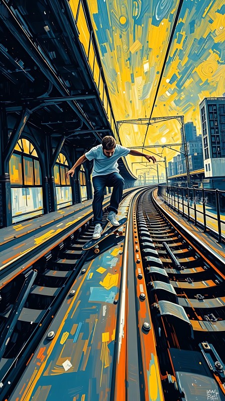 少年滑板铁轨间城市高楼映夕阳