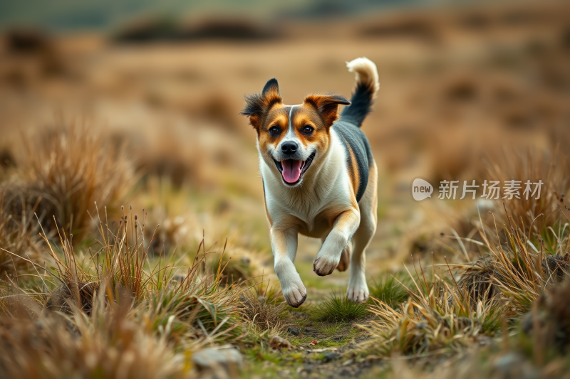 一只狗在田野里的草丛中奔跑高清图片