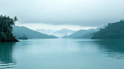 宁静山间湖泊雾气弥漫