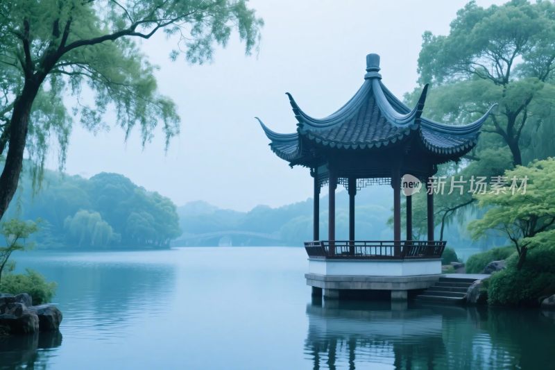 湖边古亭风景图