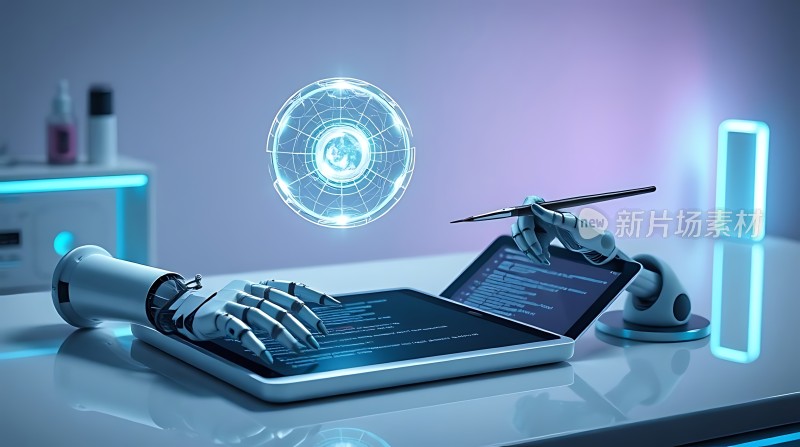 智能机器人操作平板电脑未来科技感十足
