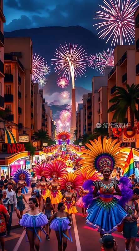 狂欢节之夜烟花与舞者共舞