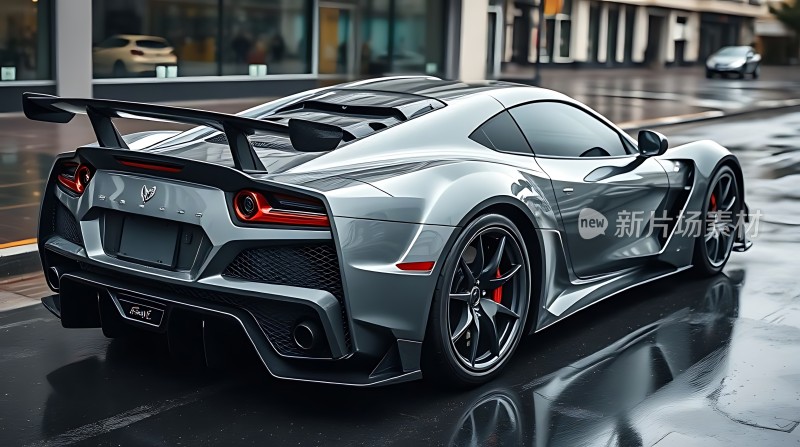 银色跑车停在路边车尾设计独特轮胎为黑色背景是城市街道和建筑