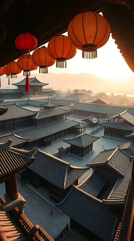 古风建筑灯笼日落