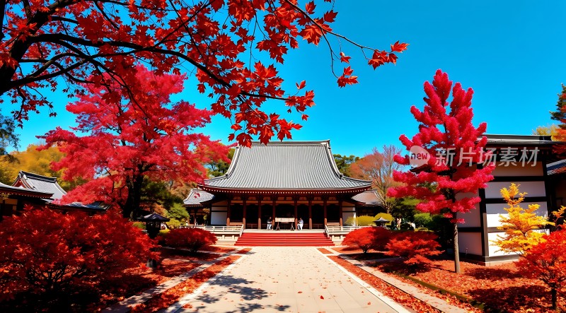 秋日古寺红枫映